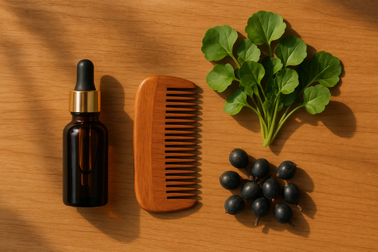 पैची दाढ़ी के लिए beard serum, कंघी, वॉटरक्रेस और सॉ पाल्मेटो का फ्लैट-ले