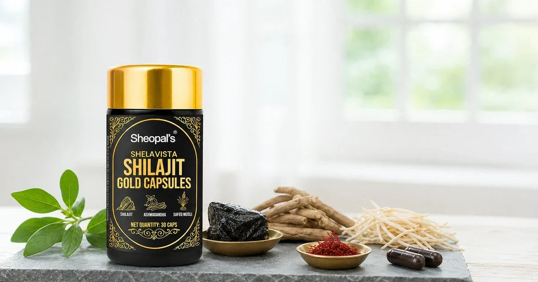 Shilajit capsule benefits - Sheopal's Shelavista Shilajit Gold Capsules with Himalayan shilajit resin, ashwagandha, safed musli and saffron