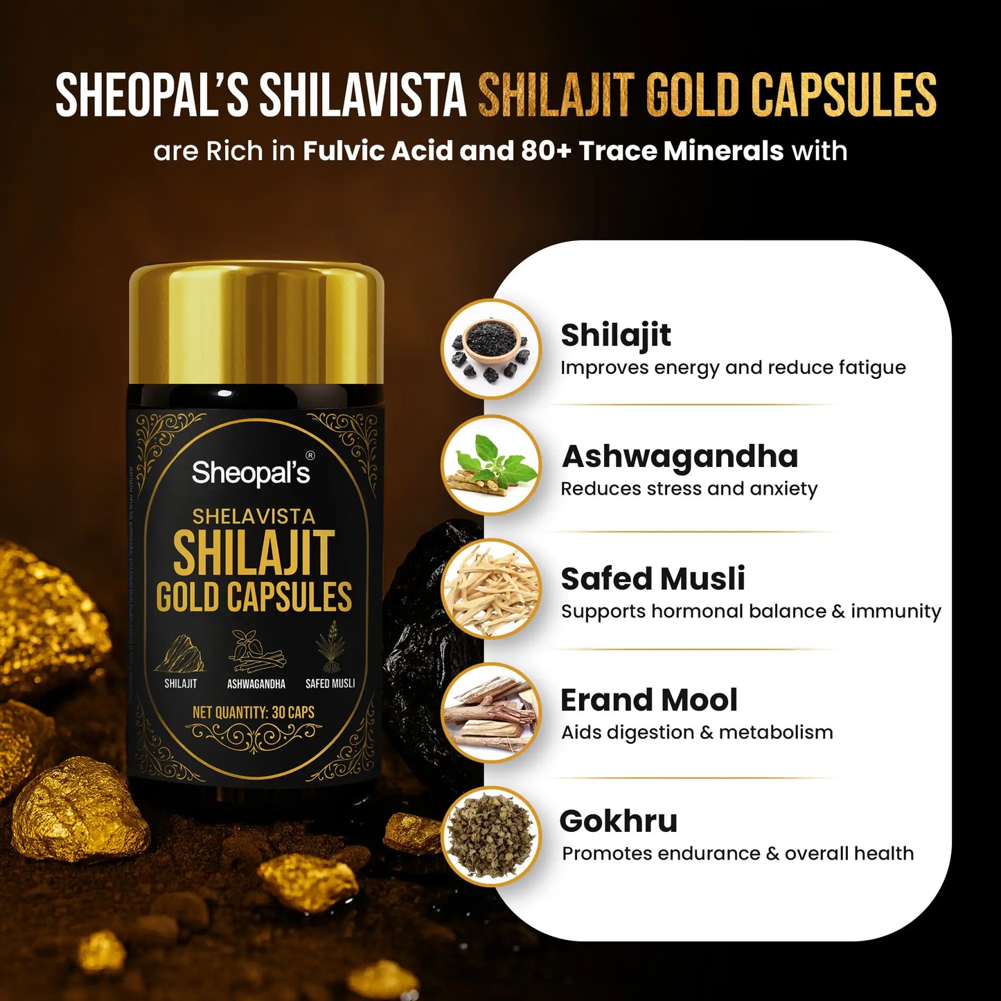 Shelavista Shilajit Gold Capsules - Ayurvedic Formula for Daily Vitality Support | 30 Capsules