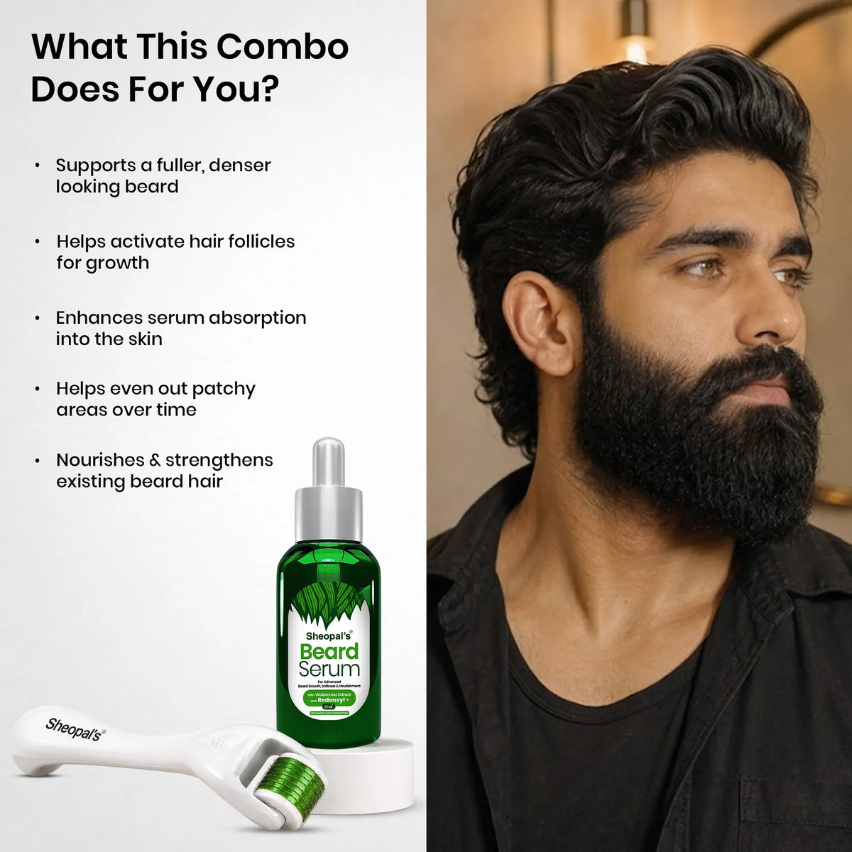 Beard Serum + Derma Roller Combo | Beard Growth Combo for Thicker, Fuller Beard