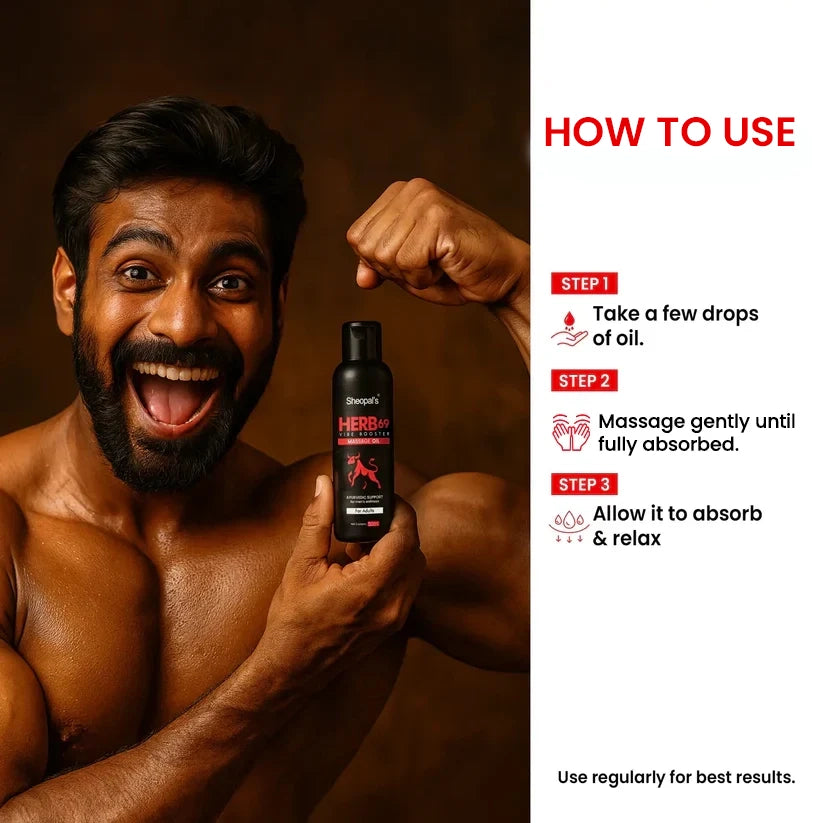 Sheopal’s Herb69 Vibe Booster Massage Oil | Ayurvedic Oil for Men’s Wellness | 50ml