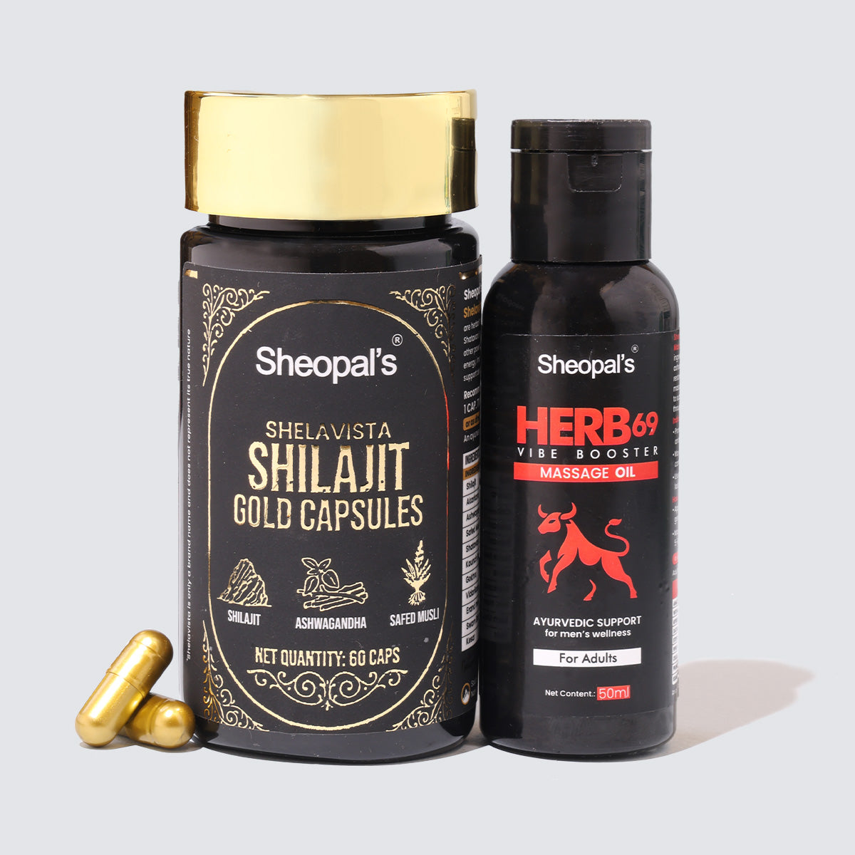 Shelavista Shilajit Gold Capsules + Herb69 Massage Oil | Men's Daily Wellness Combo
