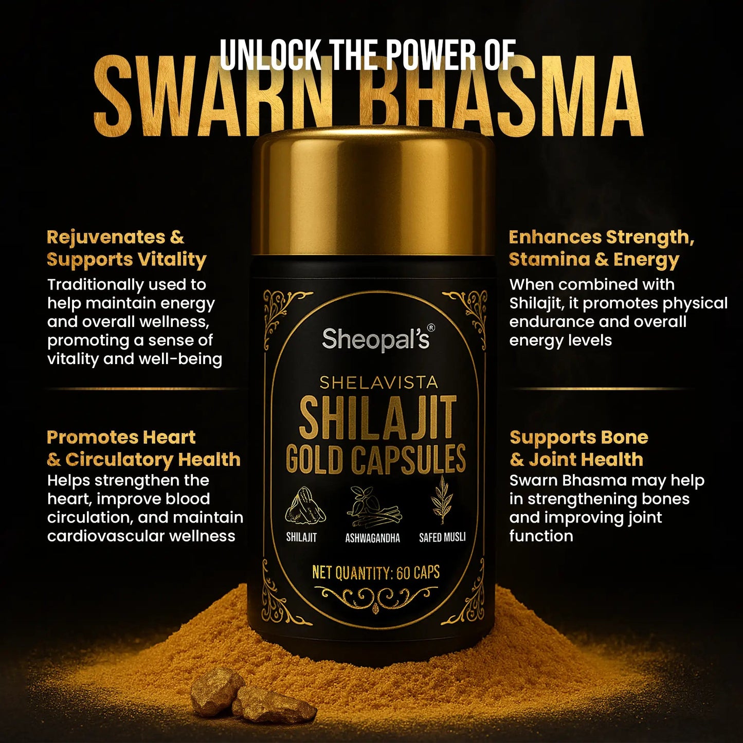 Sheopal's Shilajit Gold Capsules Shelavista - Natural Support to Enhance Energy, Stamina, and Vitality Sheopals