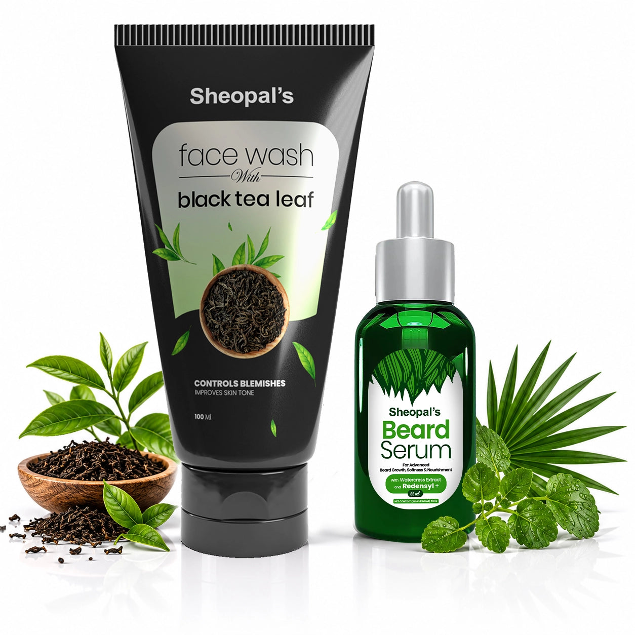 Sheopal’s Beard Serum + Black Tea Face Wash | Daily Grooming Combo for Beard Nourishment & Fresh-Looking Skin