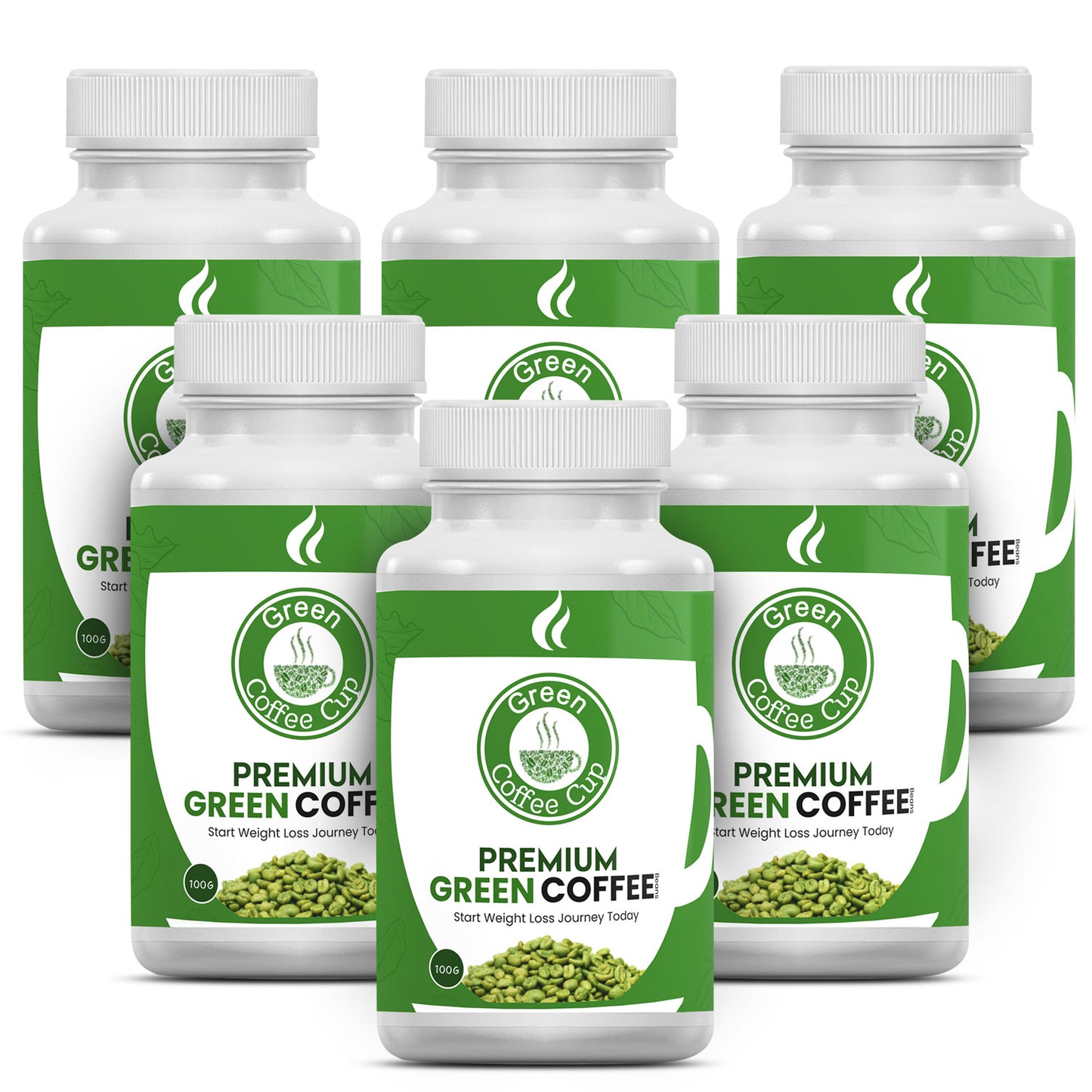 Pack of six premium green coffee beans bottles