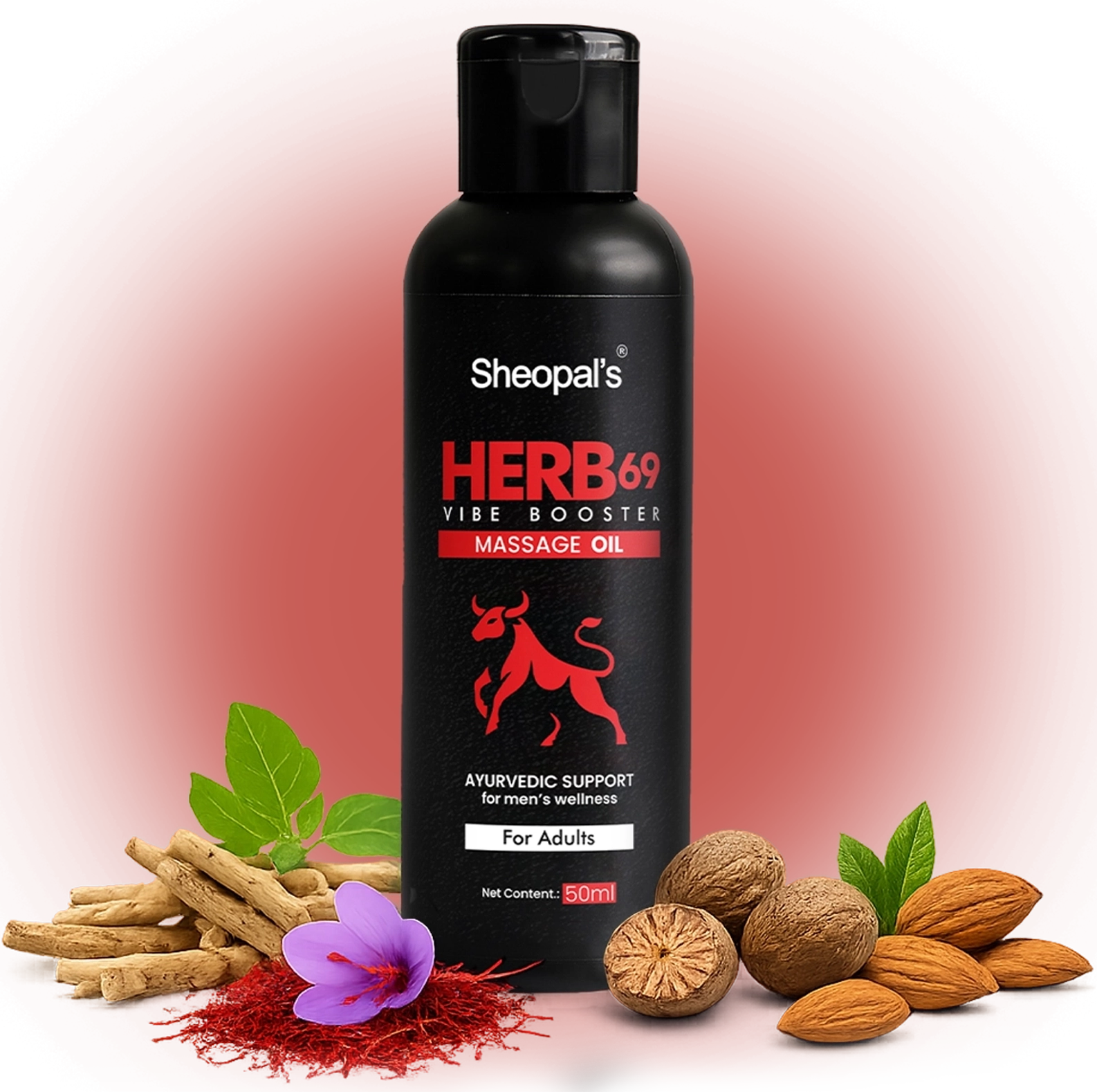 Herb69 Vibe Booster massage oil bottle with Ayurvedic herbs