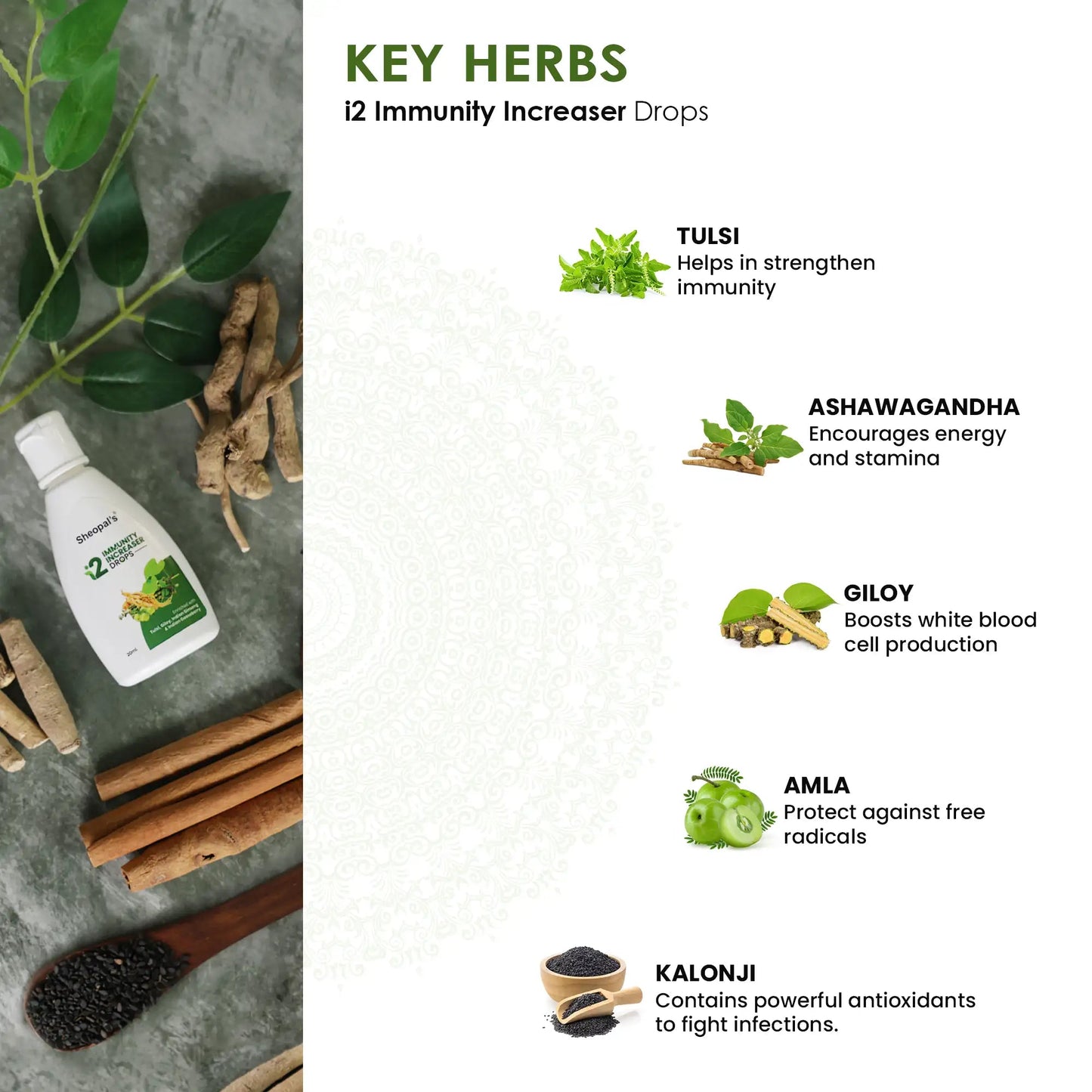 Sheopals I2 immunity booster drops with key herbal ingredients