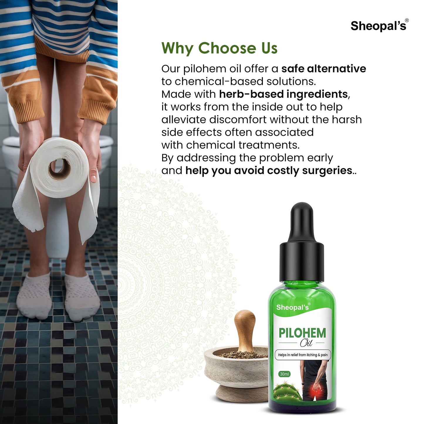 Sheopals Pilohem Ayurvedic oil for piles relief with herbal ingredients