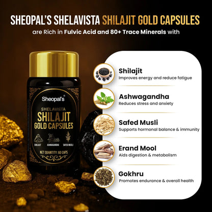 Bottle of Sheopal's Shilajit Gold Capsules for stamina and vitality